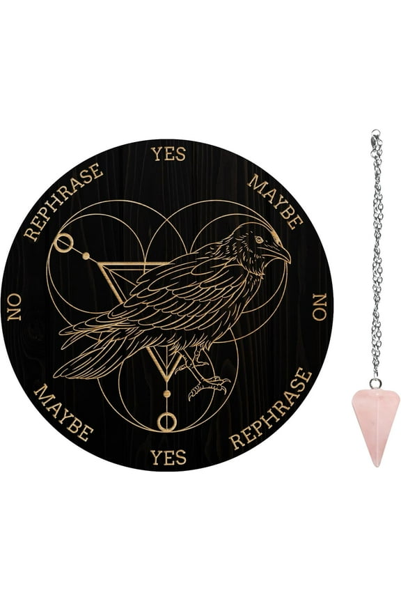 Pendulum Board Set Wooden Dowsing Divination Board Metaphysical Message Board with Crystal Pendulum Necklace for Witchcraft Wiccan Altar Supplies Kit Crow & Moon Ring DIY