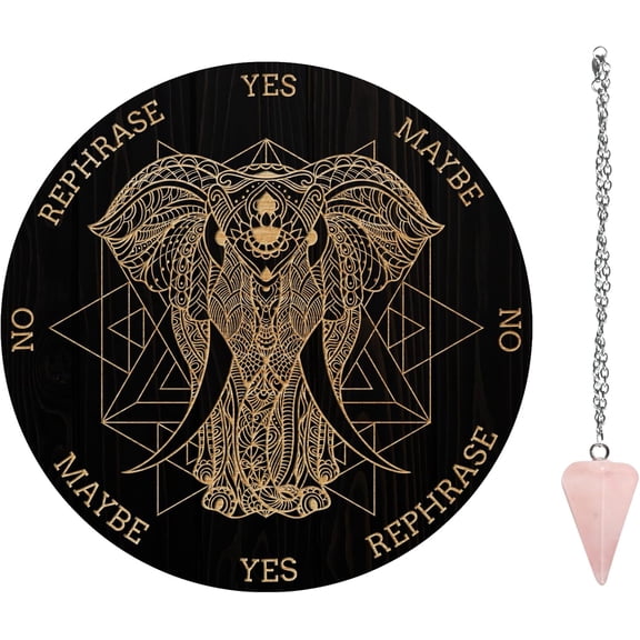 Pendulum Board Set Wooden Dowsing Divination Board Metaphysical Message Board with Crystal Pendulum Necklace for Witchcraft Wiccan Altar Supplies Kit Elephant Pattern DIY