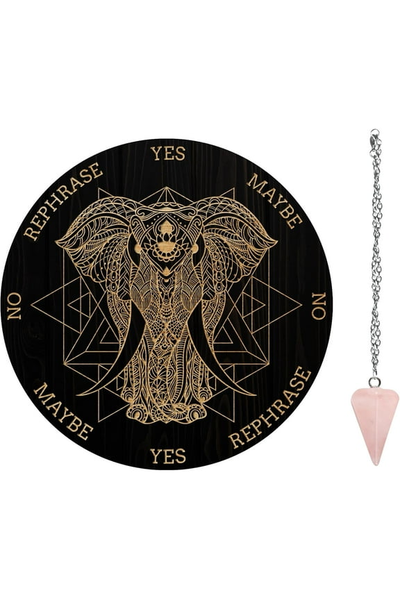Pendulum Board Set Wooden Dowsing Divination Board Metaphysical Message Board with Crystal Pendulum Necklace for Witchcraft Wiccan Altar Supplies Kit Elephant Pattern DIY