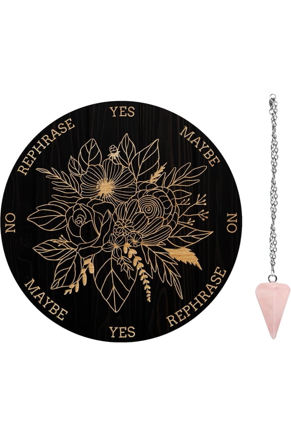 Pendulum Board Set Wooden Dowsing Divination Board Metaphysical Message Board with Crystal Pendulum Necklace for Witchcraft Wiccan Altar Supplies Kit Flower & Leaf