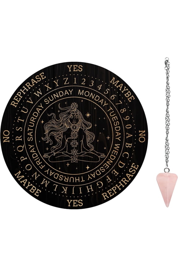 Pendulum Board Set Wooden Dowsing Divination Board Metaphysical Message Board with Crystal Pendulum Necklace for Witchcraft Wiccan Altar Supplies Kit Goddess DIY