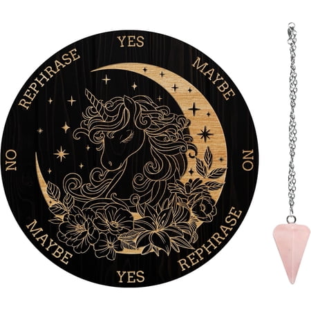 Pendulum Board Set Wooden Dowsing Divination Board Metaphysical Message Board with Crystal Pendulum Necklace for Witchcraft Wiccan Altar Supplies Kit Horse Pattern