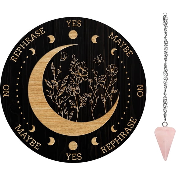 Pendulum Board Set Wooden Dowsing Divination Board Metaphysical Message Board with Crystal Pendulum Necklace for Witchcraft Wiccan Altar Supplies Kit Moon & Plants