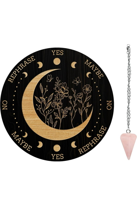 Pendulum Board Set Wooden Dowsing Divination Board Metaphysical Message Board with Crystal Pendulum Necklace for Witchcraft Wiccan Altar Supplies Kit Moon & Plants