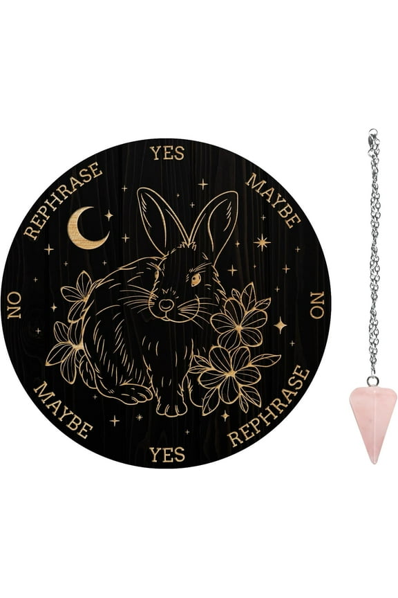 Pendulum Board Set Wooden Dowsing Divination Board Metaphysical Message Board with Crystal Pendulum Necklace for Witchcraft Wiccan Altar Supplies Kit Rabbit Pattern