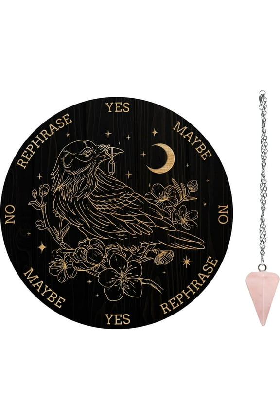 Pendulum Board Set Wooden Dowsing Divination Board Metaphysical Message Board with Crystal Pendulum Necklace for Witchcraft Wiccan Altar Supplies Kit Raven & Flower