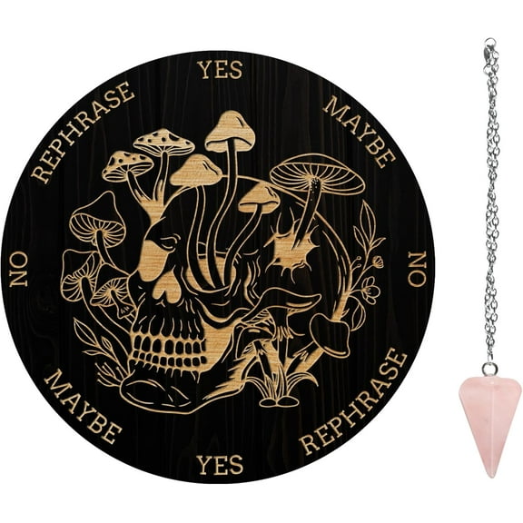 Pendulum Board Set Wooden Dowsing Divination Board Metaphysical Message Board with Crystal Pendulum Necklace for Witchcraft Wiccan Altar Supplies Kit Skull & Mushroom