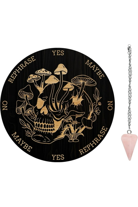 Pendulum Board Set Wooden Dowsing Divination Board Metaphysical Message Board with Crystal Pendulum Necklace for Witchcraft Wiccan Altar Supplies Kit Skull & Mushroom