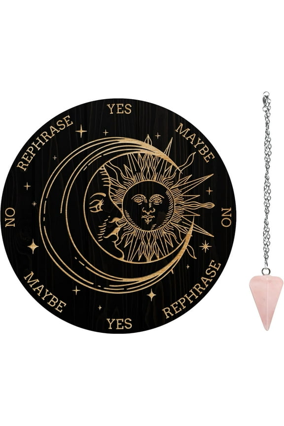 Pendulum Board Set Wooden Dowsing Divination Board Metaphysical Message Board with Crystal Pendulum Necklace for Witchcraft Wiccan Altar Supplies Kit Sun & Face Material PVC