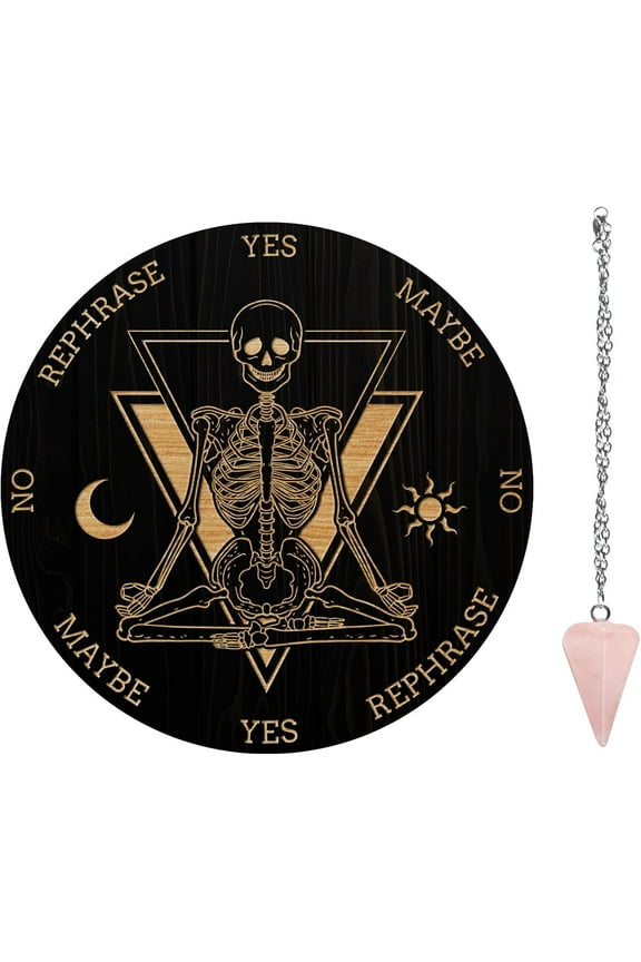 Pendulum Board Set Wooden Dowsing Divination Board Metaphysical Message Board with Crystal Pendulum Necklace for Witchcraft Wiccan Altar Supplies Kit Sun & Moon & Skull DIY