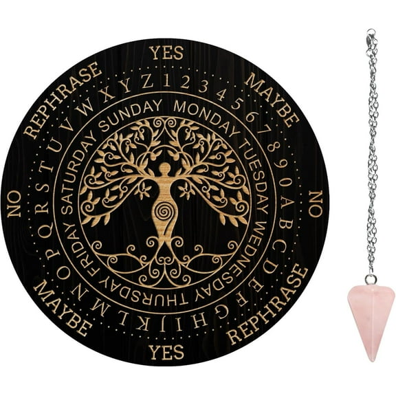 Pendulum Board Set Wooden Dowsing Divination Board Metaphysical Message Board with Crystal Pendulum Necklace for Witchcraft Wiccan Altar Supplies Kit Tree DIY