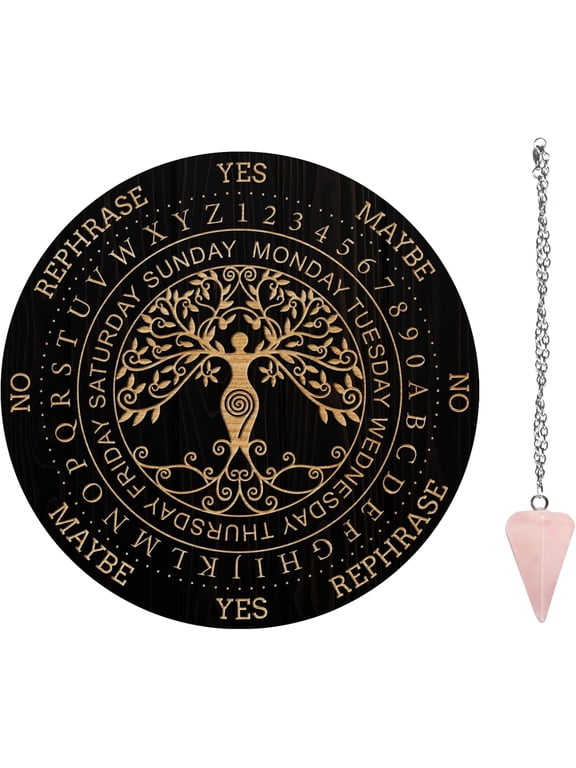 Pendulum Board Set Wooden Dowsing Divination Board Metaphysical Message Board with Crystal Pendulum Necklace for Witchcraft Wiccan Altar Supplies Kit Tree DIY