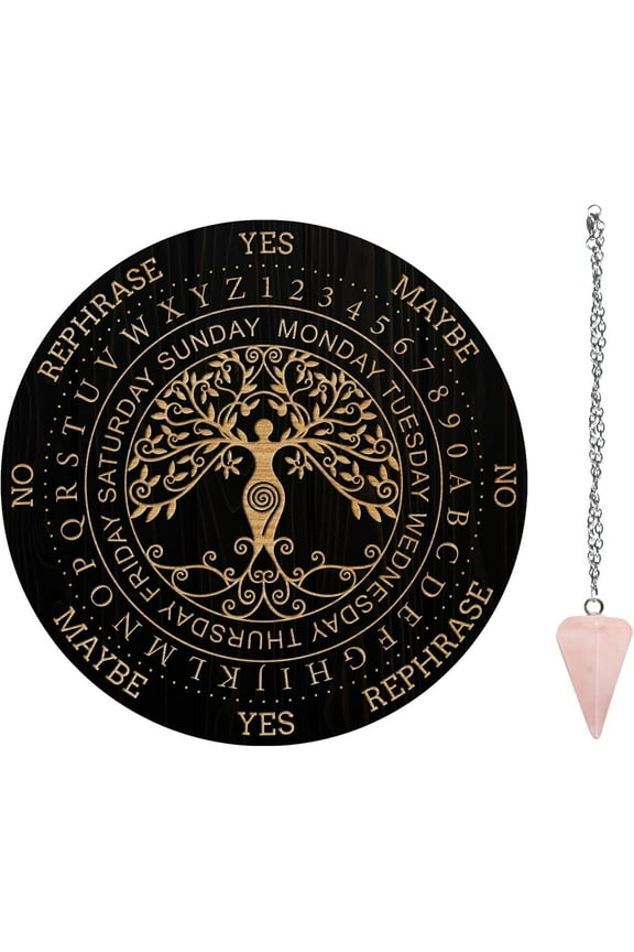 Pendulum Board Set Wooden Dowsing Divination Board Metaphysical Message Board with Crystal Pendulum Necklace for Witchcraft Wiccan Altar Supplies Kit Tree DIY