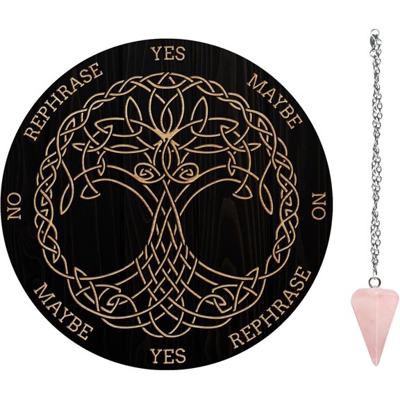 Pendulum Board Set Wooden Dowsing Divination Board Metaphysical Message Board with Crystal Pendulum Necklace for Witchcraft Wiccan Altar Supplies Kit Tree of Life & Cane