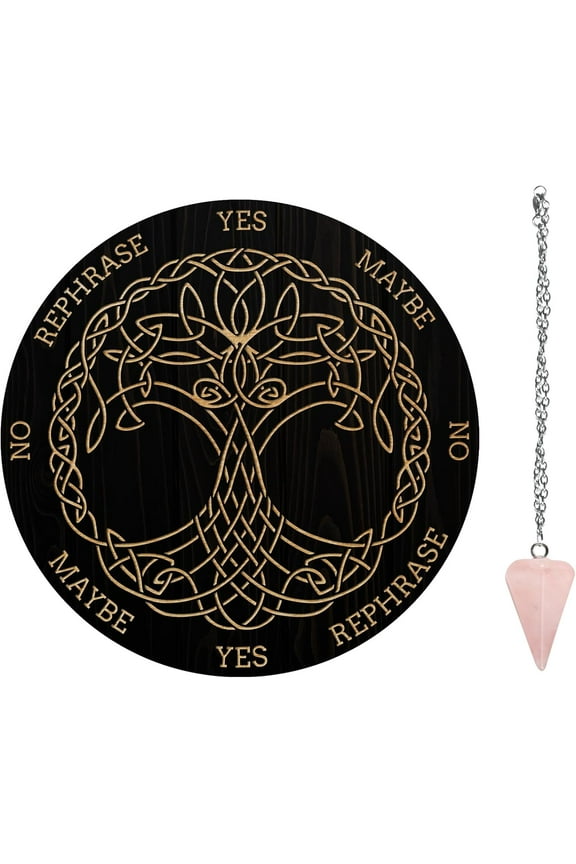 Pendulum Board Set Wooden Dowsing Divination Board Metaphysical Message Board with Crystal Pendulum Necklace for Witchcraft Wiccan Altar Supplies Kit Tree of Life & Cane