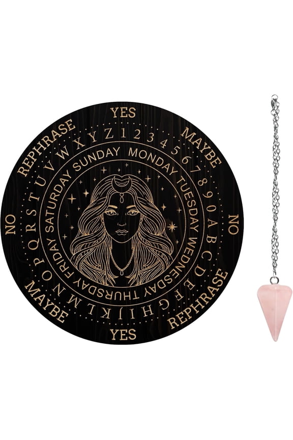 Pendulum Board Set Wooden Dowsing Divination Board Metaphysical Message Board with Crystal Pendulum Necklace for Witchcraft Wiccan Altar Supplies Kit Women & Star