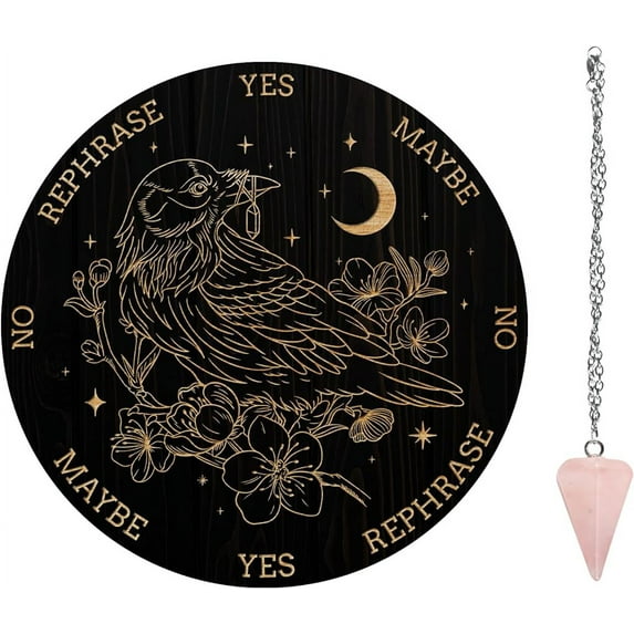 Pendulum Board Set Wooden Dowsing Divination Board Metaphysical Message Board with Crystal Pendulum Necklace