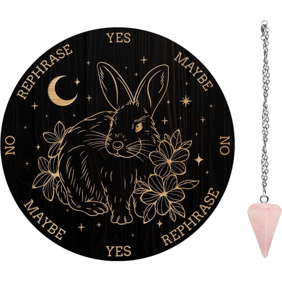 Pendulum Board Set Wooden Dowsing Divination Board Metaphysical Message Board with Pendulum Necklace for DIY Supplies Kit Rabbit Pattern
