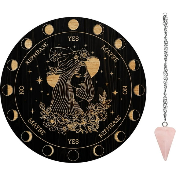 Pendulum Board Set Wooden Dowsing Divination Board Metaphysical Message Board with Pendulum Necklace for Supplies Kit & Flowers Making DIY