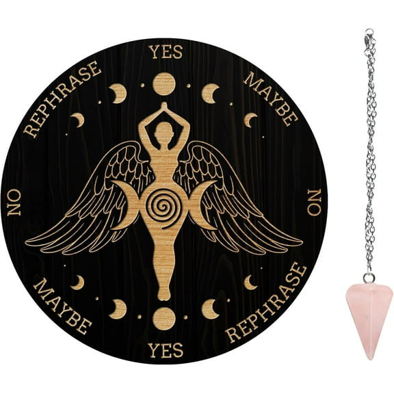 Pendulum Board Set Wooden Dowsing Divination Board Metaphysical Message Board with Pendulum Necklace for Supplies Kit Goddess Wings Colorful