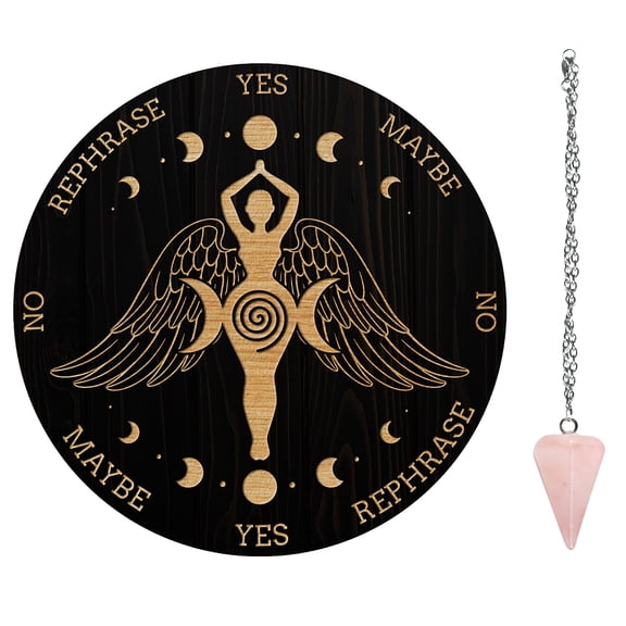 Pendulum Board Set Wooden Dowsing Divination Board Metaphysical Message Board with Pendulum Necklace for Supplies Kit Goddess Wings