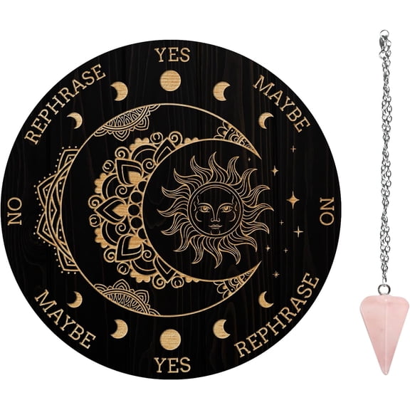 Pendulum Board Set Wooden Dowsing Divination Board Metaphysical Message Board with Pendulum Necklace for Supplies Kit Mandala& Moon& Sun