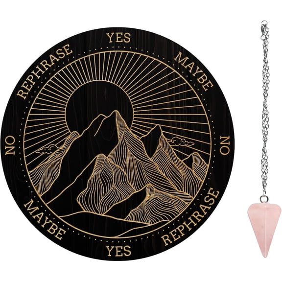 Pendulum Board Set Wooden Dowsing Divination Board Metaphysical Message Board with Pendulum Necklace for Supplies Kit Sun & Mountain