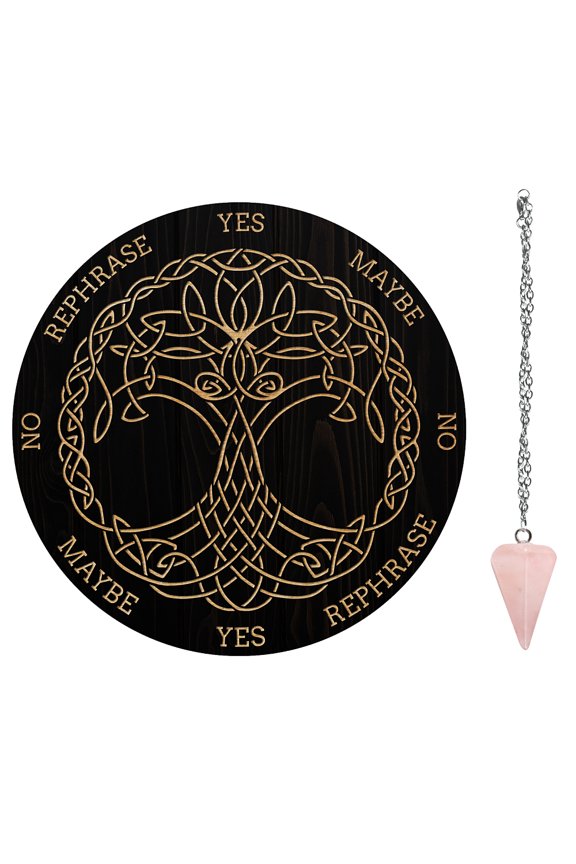 Pendulum Board Set Wooden Dowsing Divination Board Metaphysical Message Board with Pendulum Necklace for Supplies Kit Tree of Life & Cane