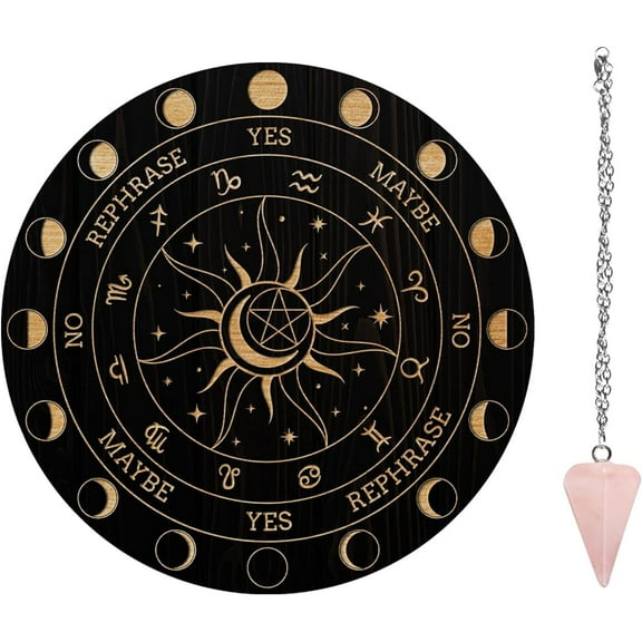 Pendulum Board Set Wooden Dowsing Divination Board Metaphysical Message Board with Crystal Pendulum Necklace for Witchcraft Wiccan Altar Supplies Kit 12 Signs