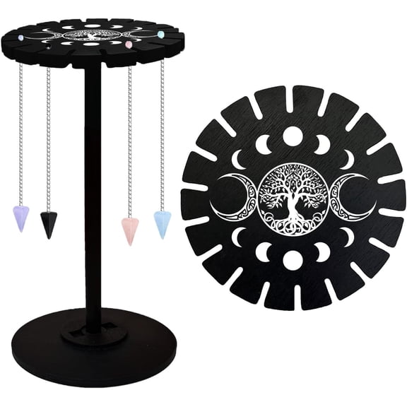 Pendulum Display Stand Moon Wooden Display Wiccan Holder Pendulum Holder with 18 Slots for Crystals Necklaces Accessories Spirit Decoration - Tree of Life Black