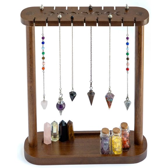 Pendulum Display Stand with Tray - Wooden Necklace Stand, Crystal holder for 17 Pendulums and Pendants - Aesthetic Witchy Decor, Witchcraft and Wiccan Supplies for Your Spiritual Space (Brown)