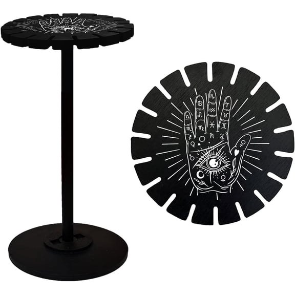 Pendulum Holder Crystal Shelf Wooden Pendulum Wheel Display Rack Black Crystal Display Shelf for Pendulum Crystal Display Witchcraft Gift Organizer Hamsa Hand Pattern