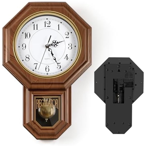 Pendulum Wall Clocks Battery Operated,Regulator wall Clock with Pendulum,Vintage Decorative Grandfather Clock for Living Room,Bedroom,Kitchen,Office,Brown 11.8x17.7in$$