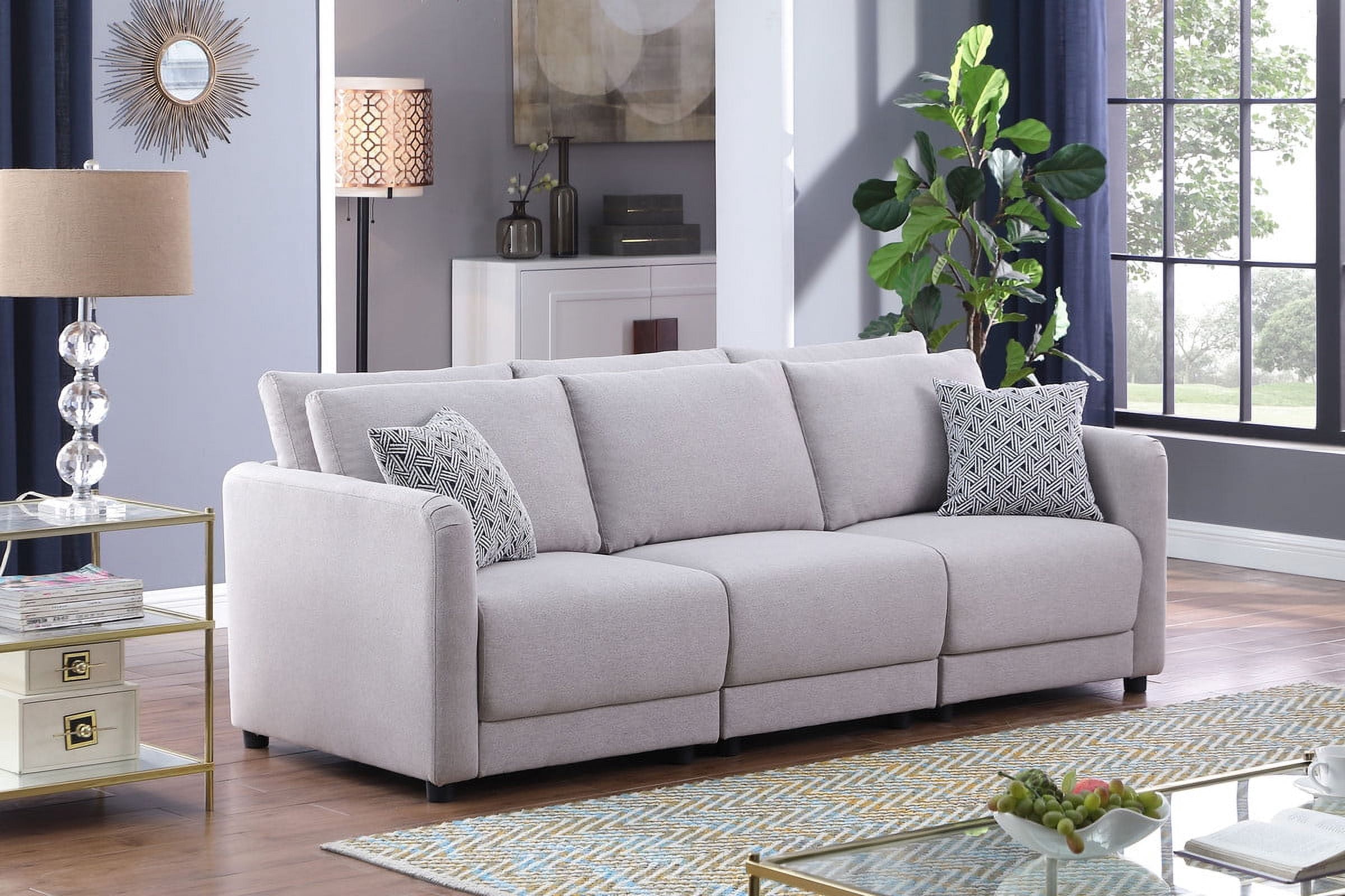 Penelope 85.5-Inch Gray Linen Sofa with Pillows - Modular Sectional for ...