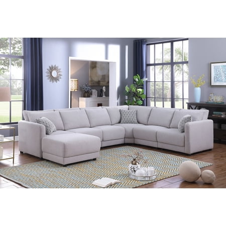 Penelope Gray Linen Modular 7 Piece Sectional Sofa Set with Ottoman and Pillows for Living Room