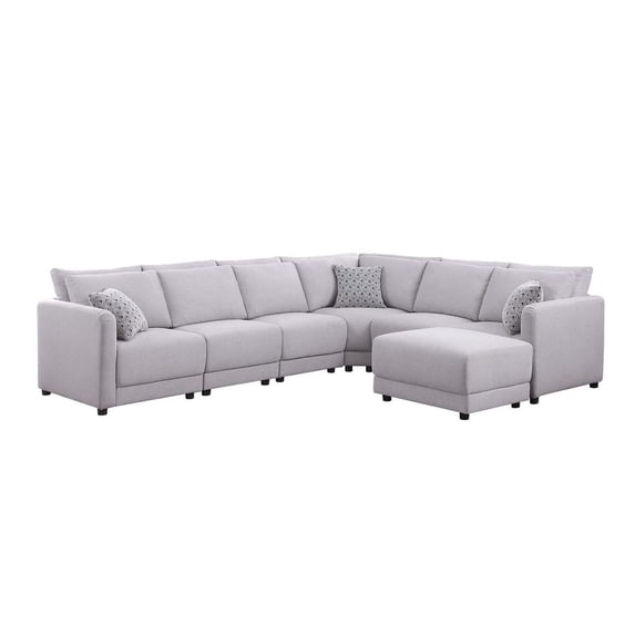 Penelope Light Gray Linen Fabric Reversible 7PC Modular Sectional Sofa with Ottoman and Pillows