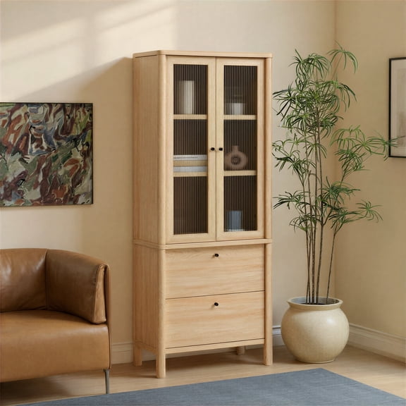 Penelope Modern Fluted Glass Bookshelf Cabinet with Drawers, Coastal Oak