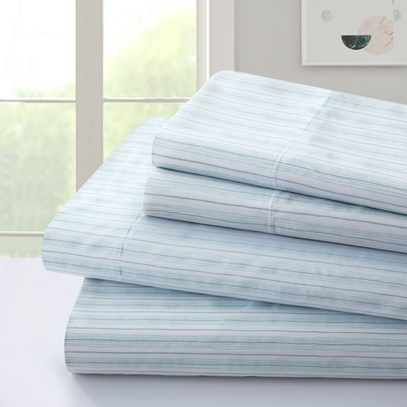 Penelope & Paul 4 Piece Wrinkle Resistant Sheet Set with Pillowcase and Printed Fabric Storage Bag in Seaside Stripe - Queen