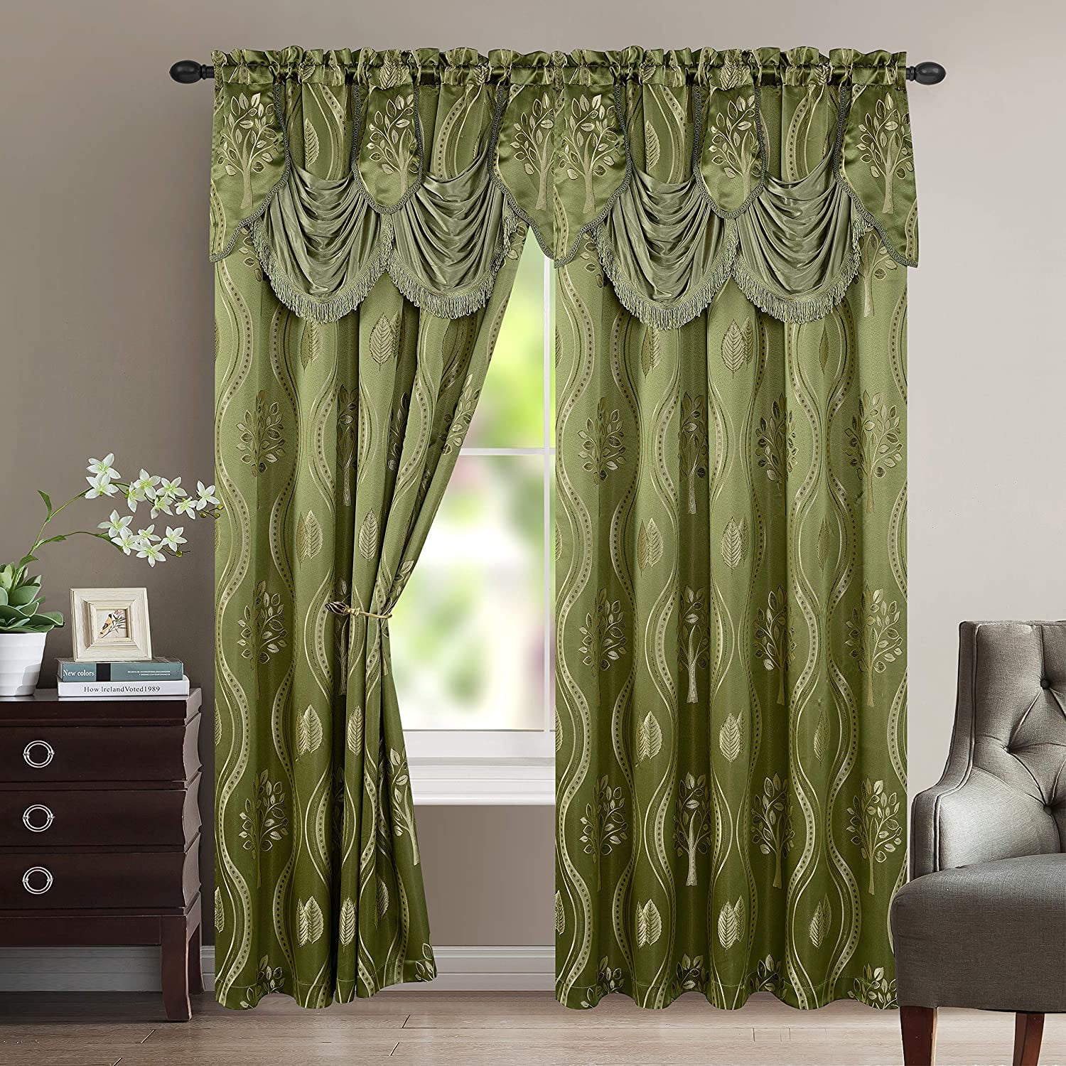 Sage Green Jacquard Look Sheer Curtain Panel Set with Valance, 54" x 84"