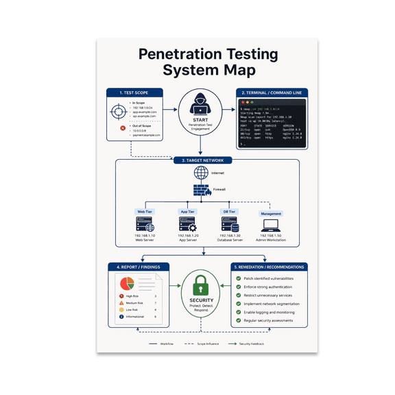 Penetration Testing System Map Poster, Cybersecurity Education, Red Team Training, and Tech-Focused Decor, 13x19 Glossy Paper