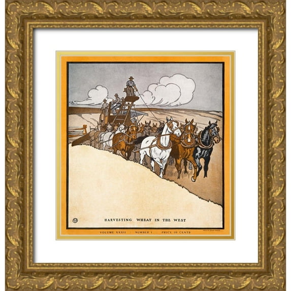 Penfield, Edward 12x12 Gold Ornate Wood Framed with Double Matting Museum Art Print Titled - Harvesting Wheat in the West