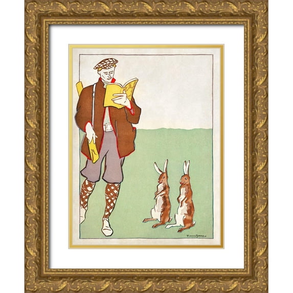 Penfield, Edward 12x14 Gold Ornate Wood Framed with Double Matting Museum Art Print Titled - Man reading a book with Hares