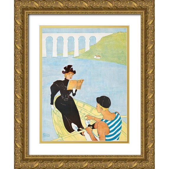 Penfield, Edward 12x14 Gold Ornate Wood Framed with Double Matting Museum Art Print Titled - Woman reading in a row boat