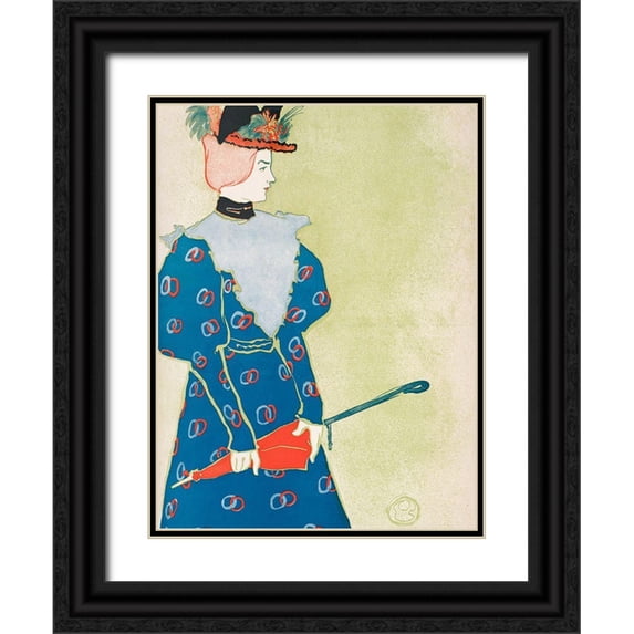 Penfield, Edward 15x18 Black Ornate Wood Framed with Double Matting Museum Art Print Titled - Woman Holding Closed Umbrella 1896
