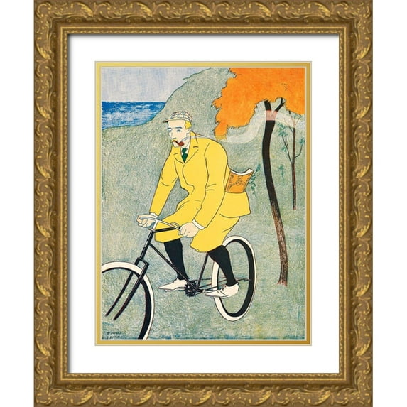 Penfield, Edward 15x18 Gold Ornate Wood Framed with Double Matting Museum Art Print Titled - Man Riding Bicycle