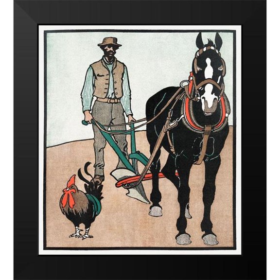 Penfield, Edward 20x22 Black Modern Framed Museum Art Print Titled - Man with Rooster and Horse