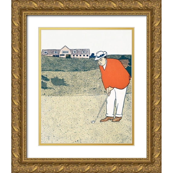 Penfield, Edward 26x32 Gold Ornate Wood Framed with Double Matting Museum Art Print Titled - Man Playing Golf