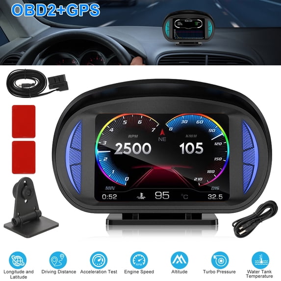Pengug OBD2+GPS HUD Gauge Car Digital Head Up Display Speedometer Turbo RPM Alarm Temp