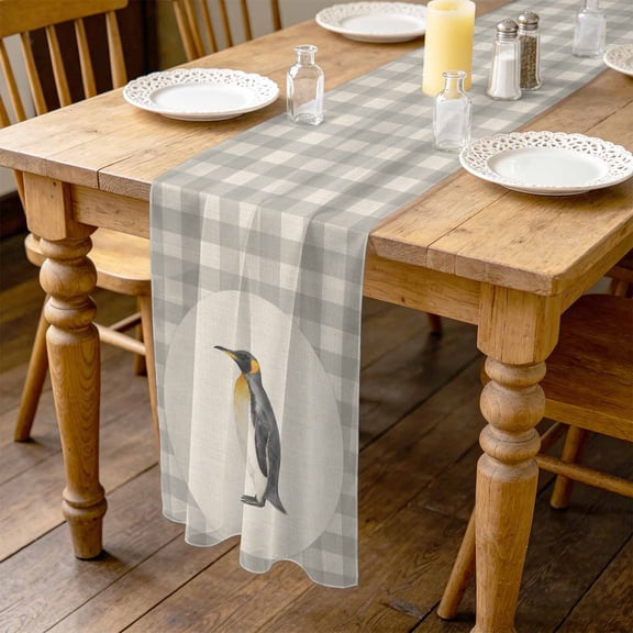 Penguin 10ft Cheesecloth Table Runner for Wedding 27"x120", Gray Plaid Modern Funny Animal Rustic Kitchen Dinner Sheer Tulle Chiffon Dresser Scarf, Holiday Party Decorations