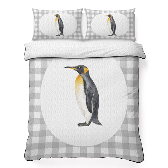 Penguin 3 Piece Quilt Bedding Set with 2 Pillow Shams, Gray Plaid Modern Funny Animal Lightweight Bedspread Coverlet, Soft Breathable All Season Quilt, 96 x 106 Inch